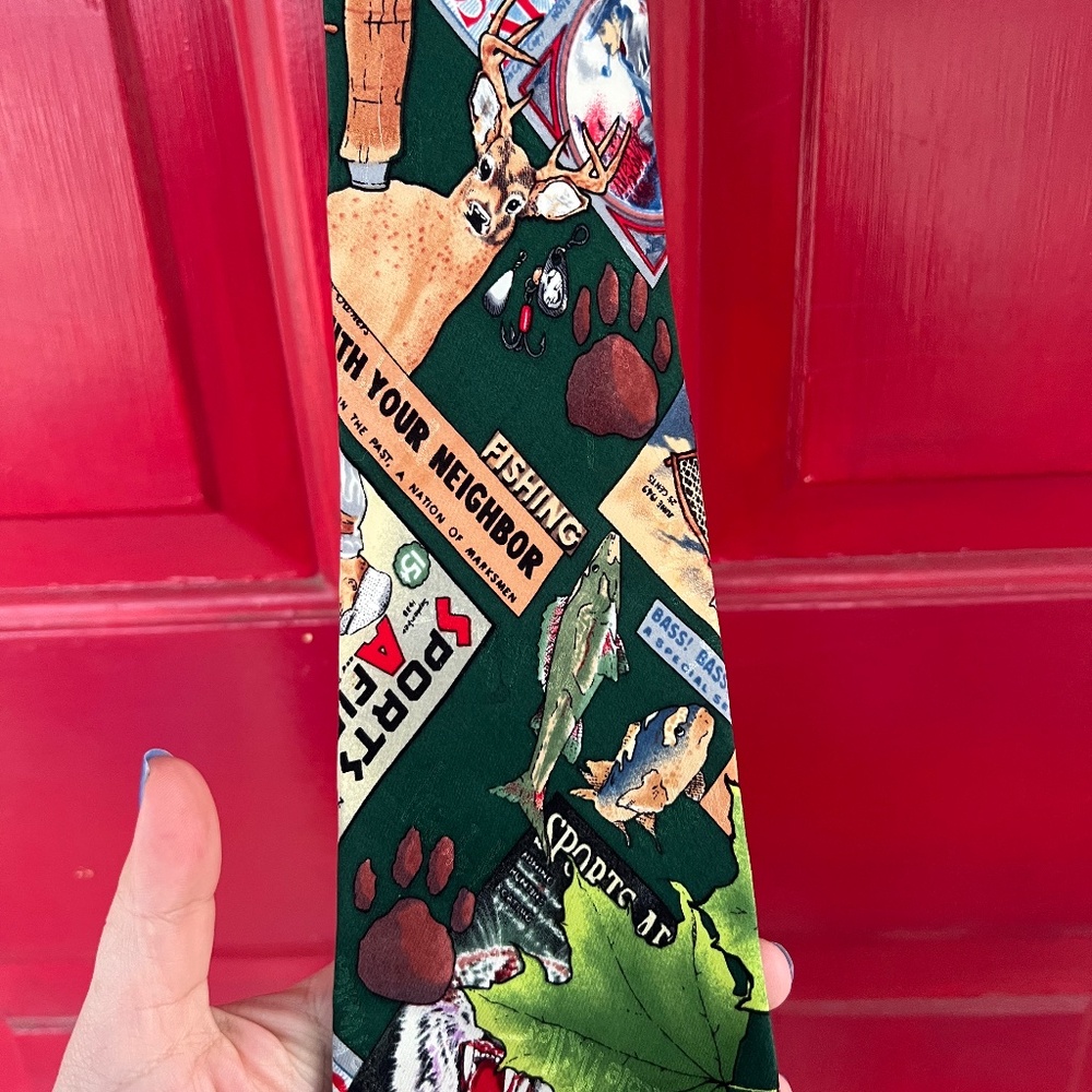 Mens Tie Sportsman Fishing Hunting Green Outdoor Nicole Miller Silk 1994 Vintage